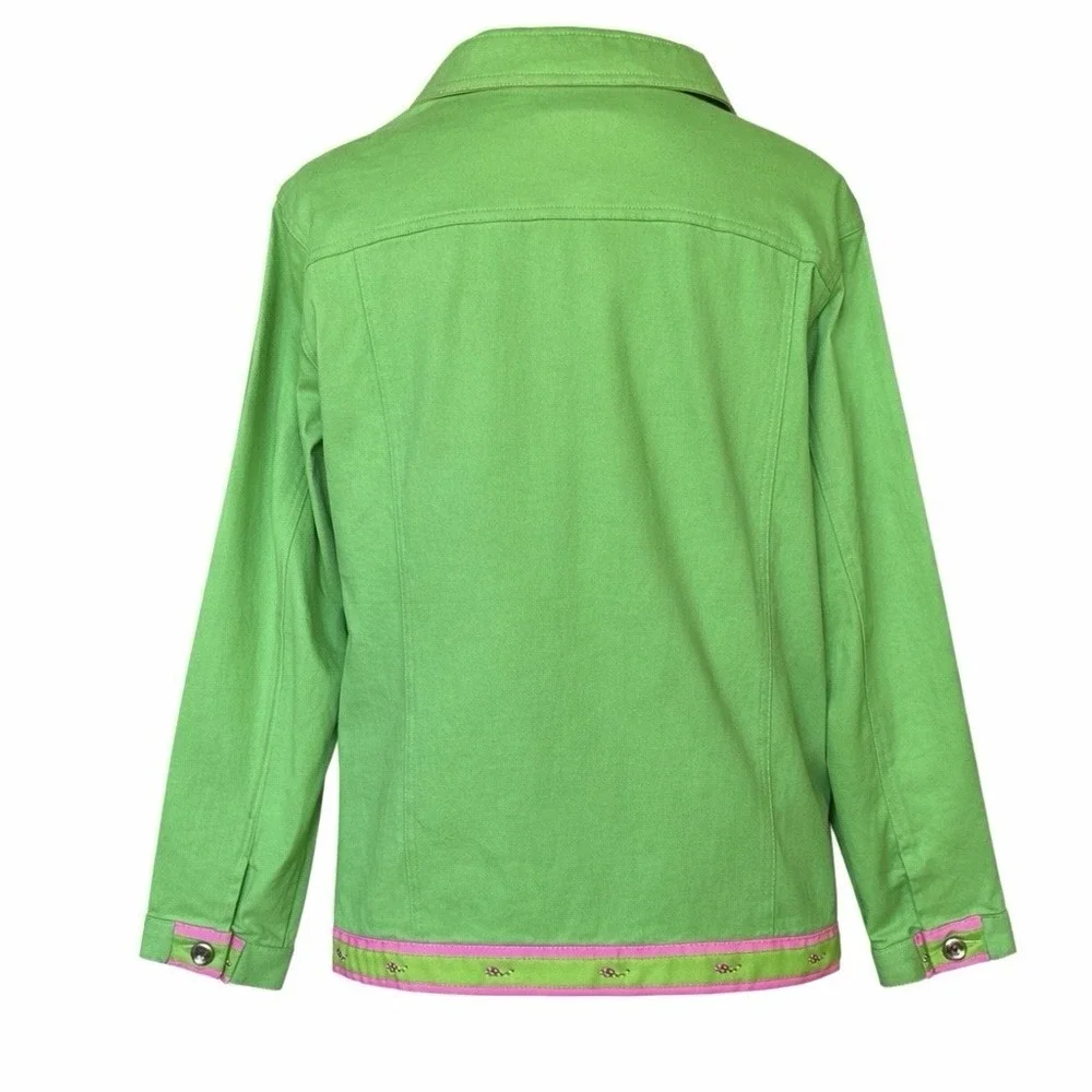 QUACKER FACTORY Green Jacket sz 1X Grosgrain Ribbon Pink Whale Trim Resortwear